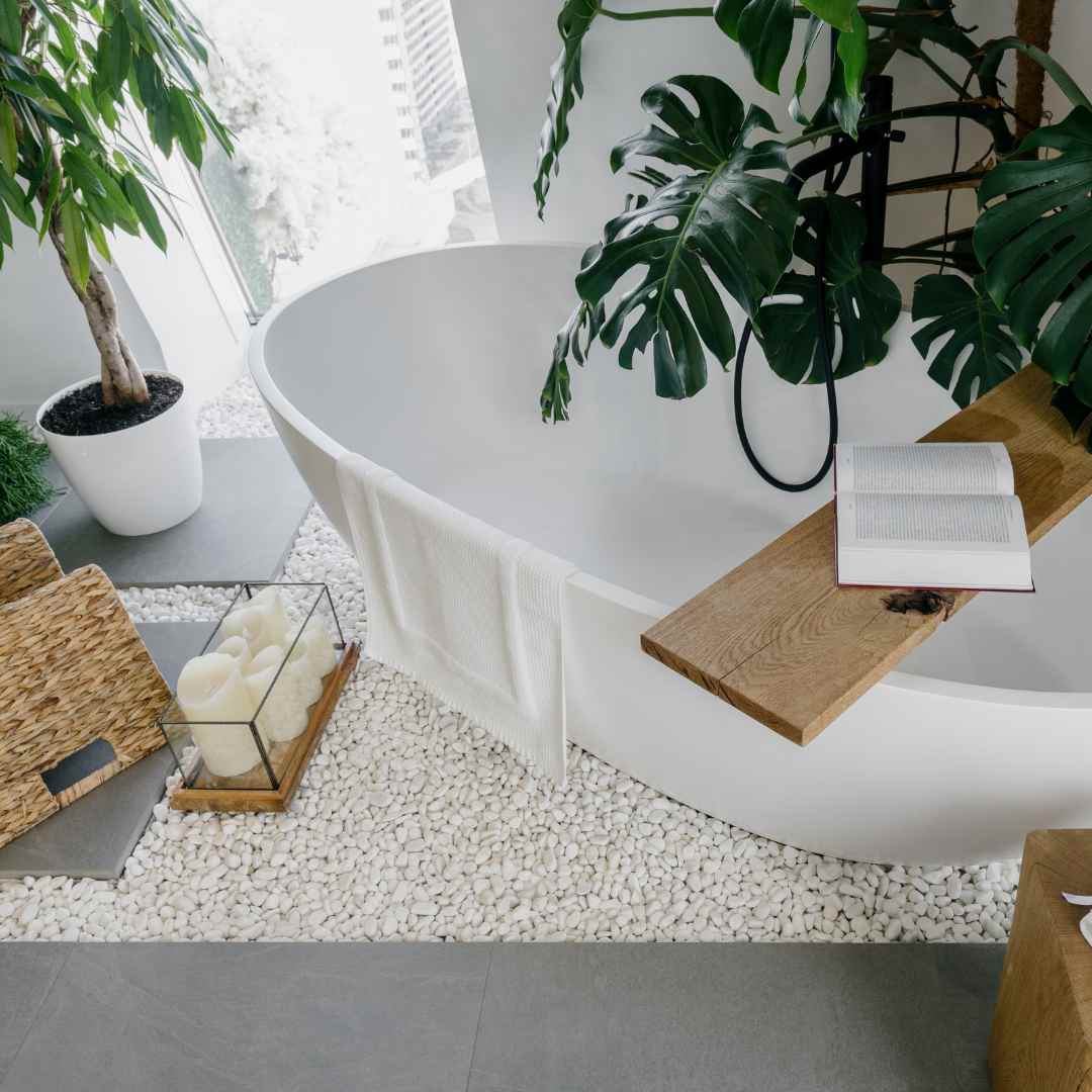 Green bathroom decor with natural products