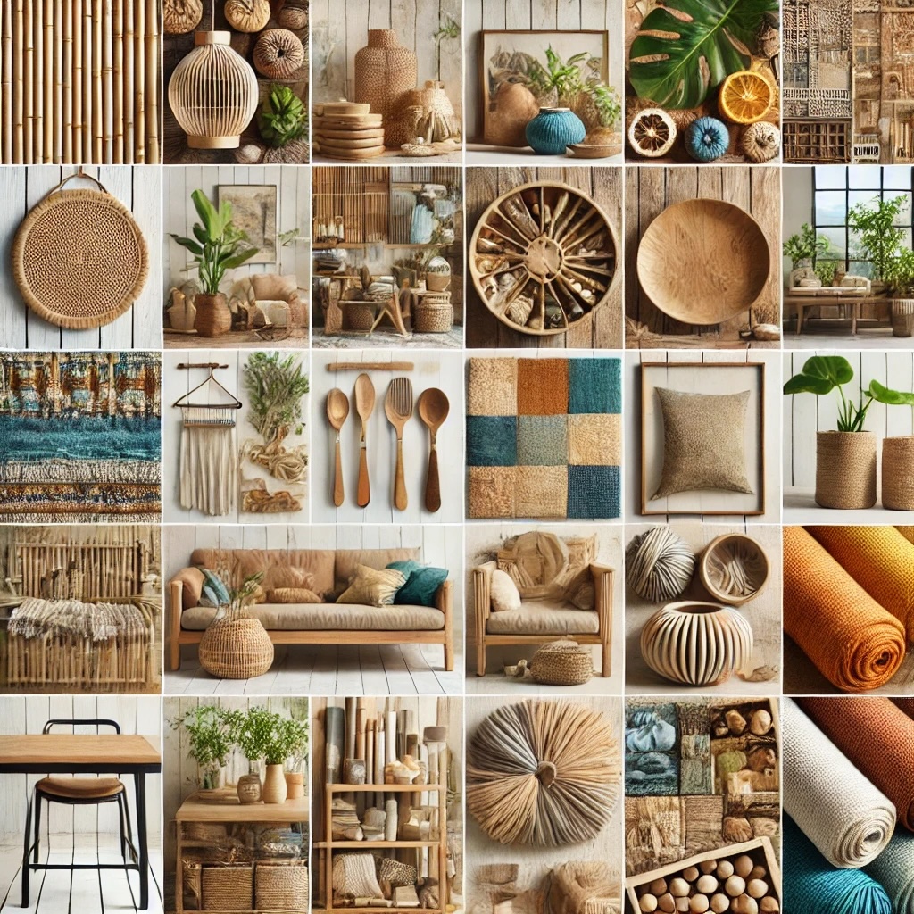 Collage of eco-friendly decor materials including bamboo and organic fabrics